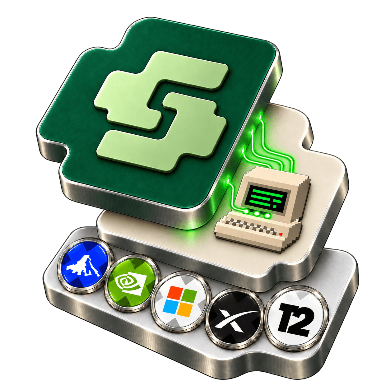 The OTC computer powers the SENDO layer through green connections above stock-token medallions